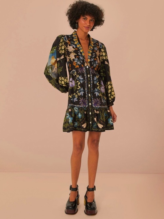 FARM Rio Dresses & Skirts - Farm Rio Black Winter Garden Mini Dress Long Sleeves